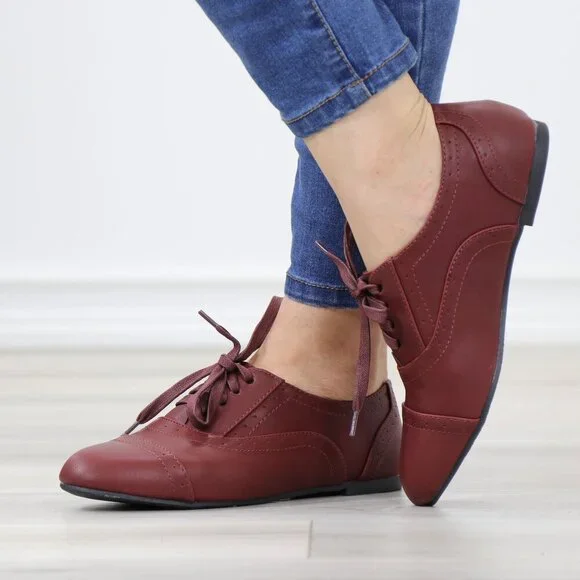 Wine Synthetic Leather Lace up Flat Heel Oxford Style Shoes - Picture 8 of 15
